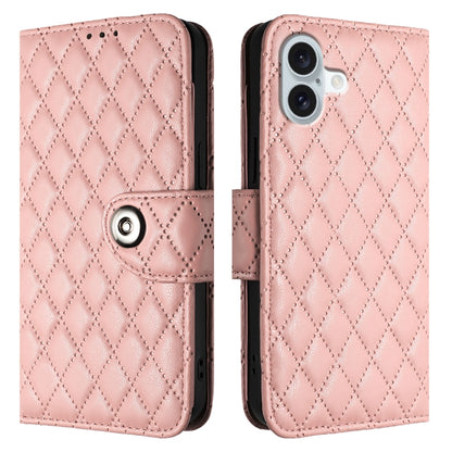 For iPhone 16 Plus Rhombic Texture Flip Leather Phone Case with Lanyard(Coral Pink) - iPhone 16 Plus Cases by PMC Jewellery | Online Shopping South Africa | PMC Jewellery | Buy Now Pay Later Mobicred