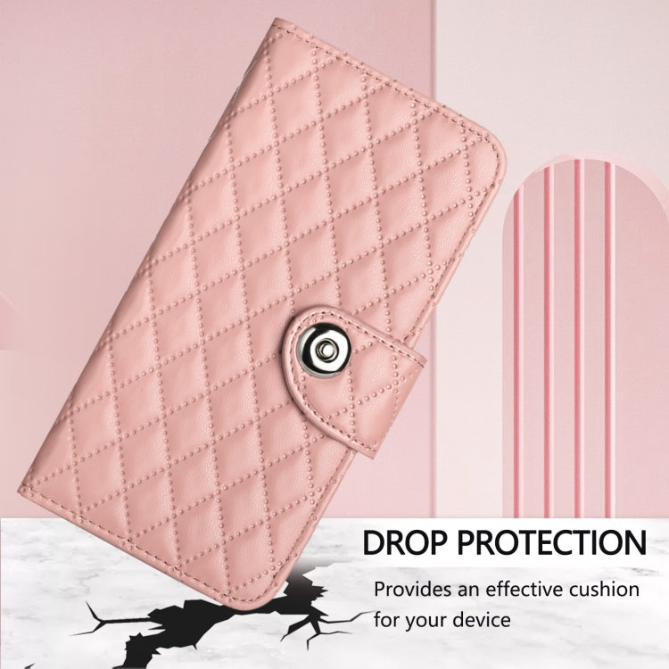 For iPhone 16 Plus Rhombic Texture Flip Leather Phone Case with Lanyard(Coral Pink) - iPhone 16 Plus Cases by PMC TechLife | Online Shopping South Africa | PMC TechLife | Buy Now Pay Later Mobicred