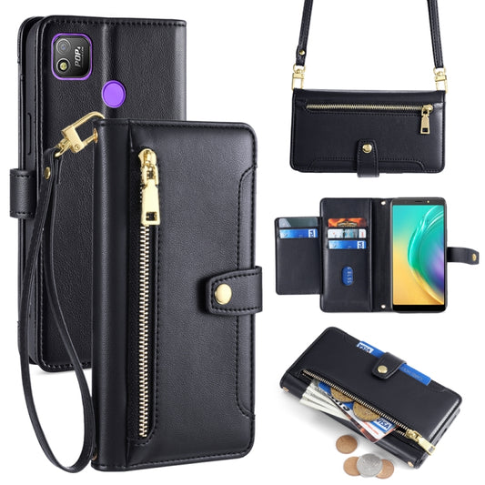 For Tecno Pop 4 Sheep Texture Cross-body Zipper Wallet Leather Phone Case(Black) - Tecno Cases by PMC Jewellery | Online Shopping South Africa | PMC Jewellery | Buy Now Pay Later Mobicred