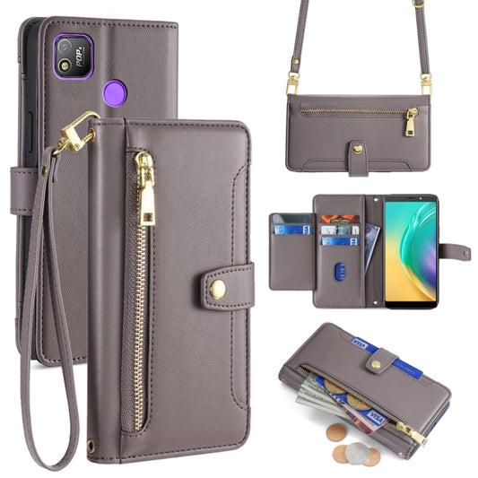 For Tecno Pop 4 Sheep Texture Cross-body Zipper Wallet Leather Phone Case(Grey) - Tecno Cases by PMC Jewellery | Online Shopping South Africa | PMC Jewellery | Buy Now Pay Later Mobicred