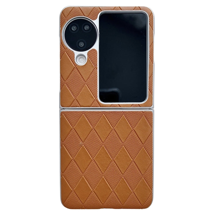 For OPPO Find N3 Flip Pearlescent Paint Diamond Shaped Checkered Leather Phone Case(Brown) - Find N3 Flip Cases by PMC Jewellery | Online Shopping South Africa | PMC Jewellery | Buy Now Pay Later Mobicred