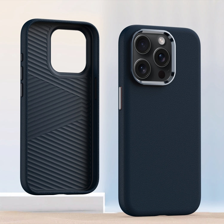 For iPhone 15 Pro Max Metal Lens Frame Leather Full Coverage Shockproof Phone Case(Blue) - iPhone 15 Pro Max Cases by PMC TechLife | Online Shopping South Africa | PMC TechLife