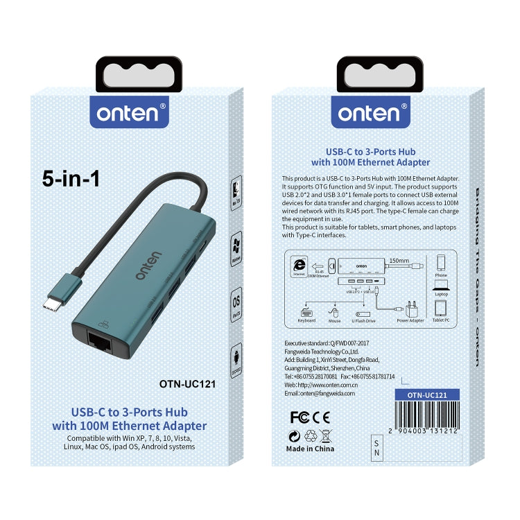 Onten UC121 5 in 1 USB-C / Type-C to USB 3.0 HUB with 5V Input & 100Mbps Network Card - USB HUB by Onten | Online Shopping South Africa | PMC Jewellery | Buy Now Pay Later Mobicred