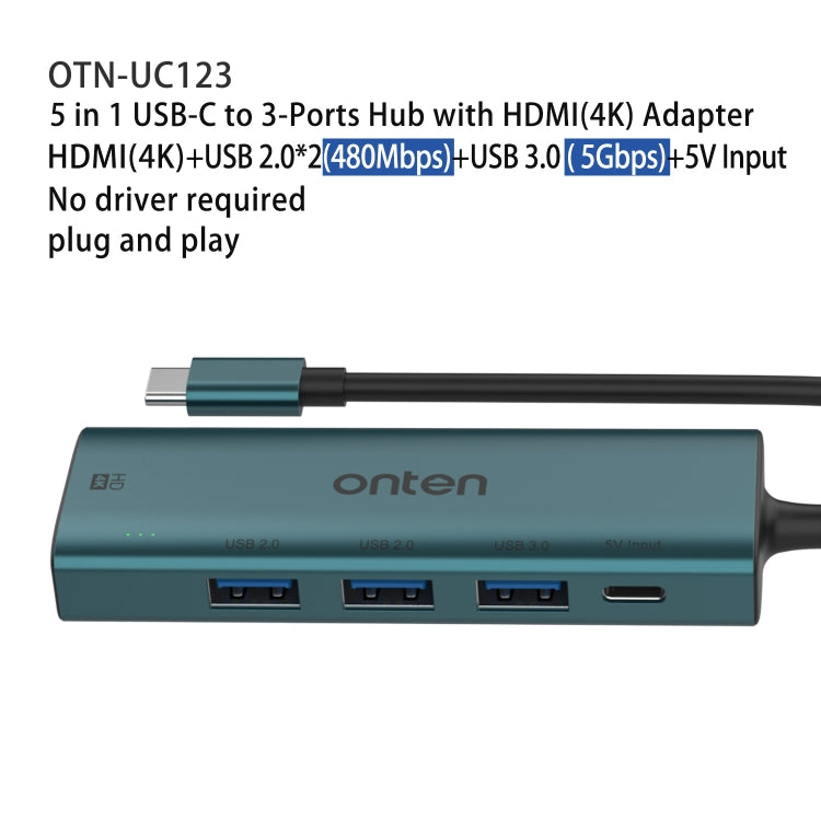 Onten UC123 5 in 1 USB-C / Type-C to HDMI + USB3.0 HUB Docking Station with 5V Input - USB HUB by Onten | Online Shopping South Africa | PMC Jewellery | Buy Now Pay Later Mobicred