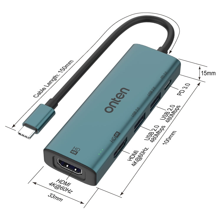 Onten UC126 5 in 1 USB-C / Type-C to Dual HDM I+ USB2.0 + PD3.0 Multi-function HUB Docking Station - USB HUB by Onten | Online Shopping South Africa | PMC Jewellery | Buy Now Pay Later Mobicred