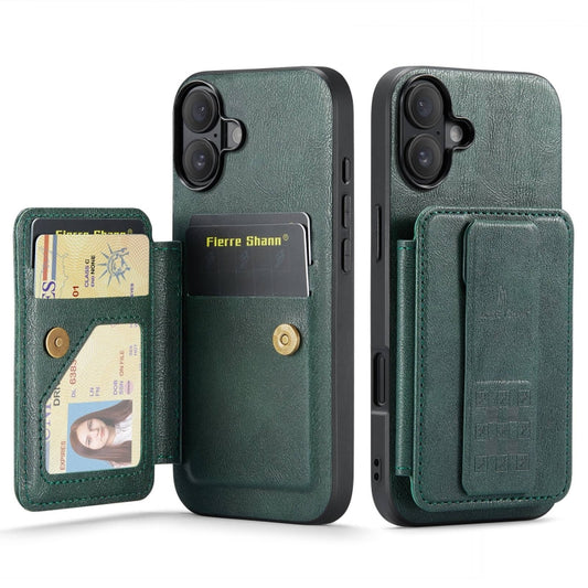 For iPhone 16 Plus Fierre Shann Oil Wax Cow Leather Card Holder Back Phone Case(Green) - iPhone 16 Plus Cases by FIERRE SHANN | Online Shopping South Africa | PMC Jewellery | Buy Now Pay Later Mobicred