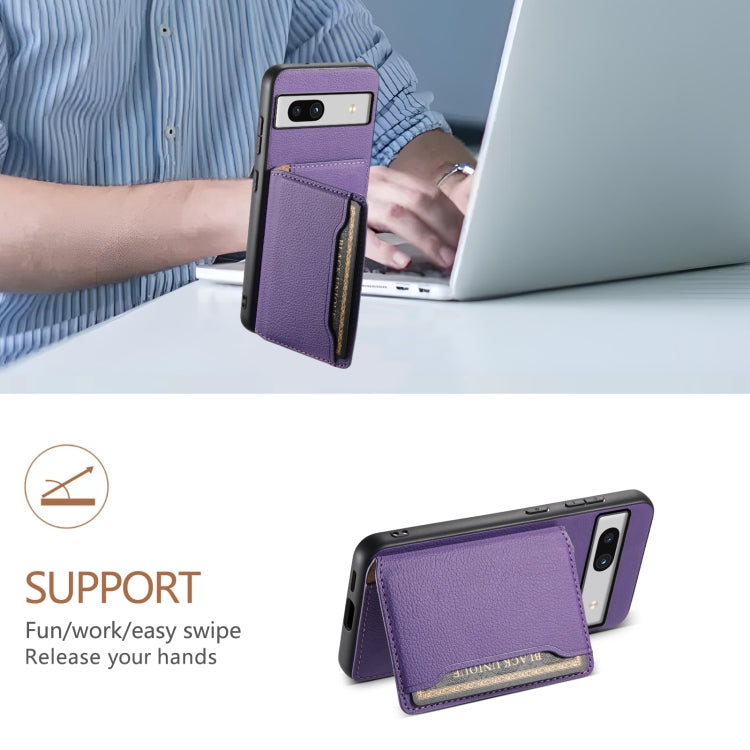 For Google Pixel 7a Calf Texture Card Bag Design Full Coverage Phone Case(Purple) - Google Cases by PMC TechLife | Online Shopping South Africa | PMC TechLife | Buy Now Pay Later Mobicred