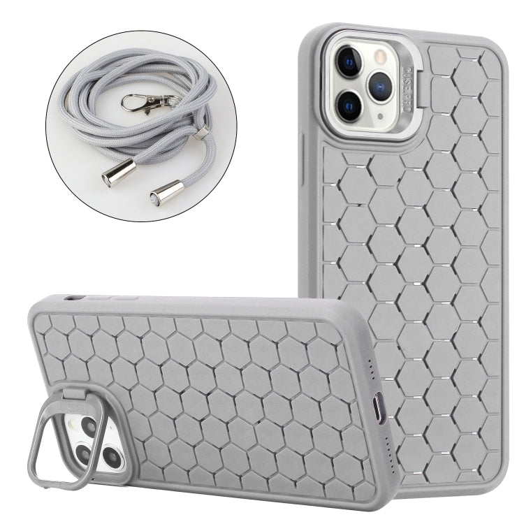 For iPhone 14 Pro Max Honeycomb Radiating Lens Holder Magsafe Phone Case with Lanyard(Grey) - iPhone 14 Pro Max Cases by PMC Jewellery | Online Shopping South Africa | PMC Jewellery