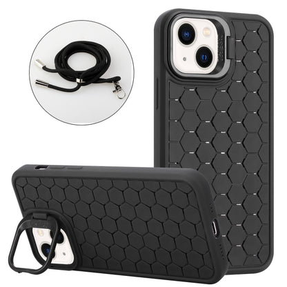 For iPhone 13 Honeycomb Radiating Lens Holder Magsafe Phone Case with Lanyard(Black) - iPhone 13 Cases by PMC Jewellery | Online Shopping South Africa | PMC Jewellery