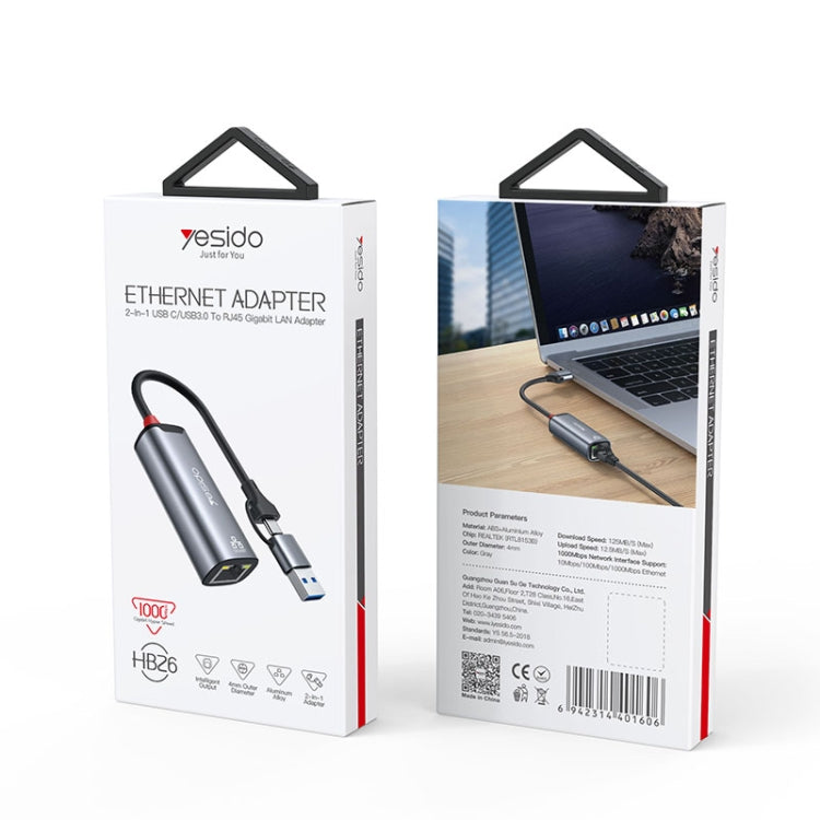 Yesido HB26 2 in 1 USB+USB-C/Type-C to Ethernet Adapter(Grey) - USB Network Adapter by Yesido | Online Shopping South Africa | PMC Jewellery | Buy Now Pay Later Mobicred