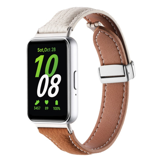 For Samsung Galaxy Fit 3 Litchi Texture Magnetic Buckle Slim Leather Watch Band(Milk White+Yellow Brown) - Watch Bands by PMC Jewellery | Online Shopping South Africa | PMC Jewellery