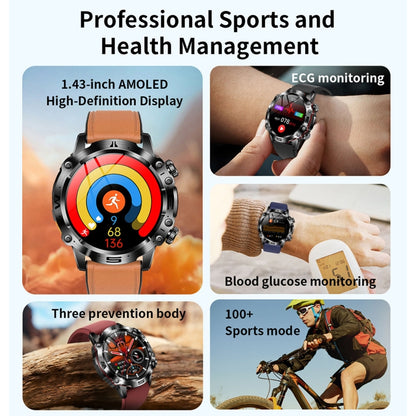 ET482 1.43 inch AMOLED Screen Sports Smart Watch Support Bluethooth Call /  ECG Function(Black Leather Band) - Smart Watches by PMC Jewellery | Online Shopping South Africa | PMC Jewellery