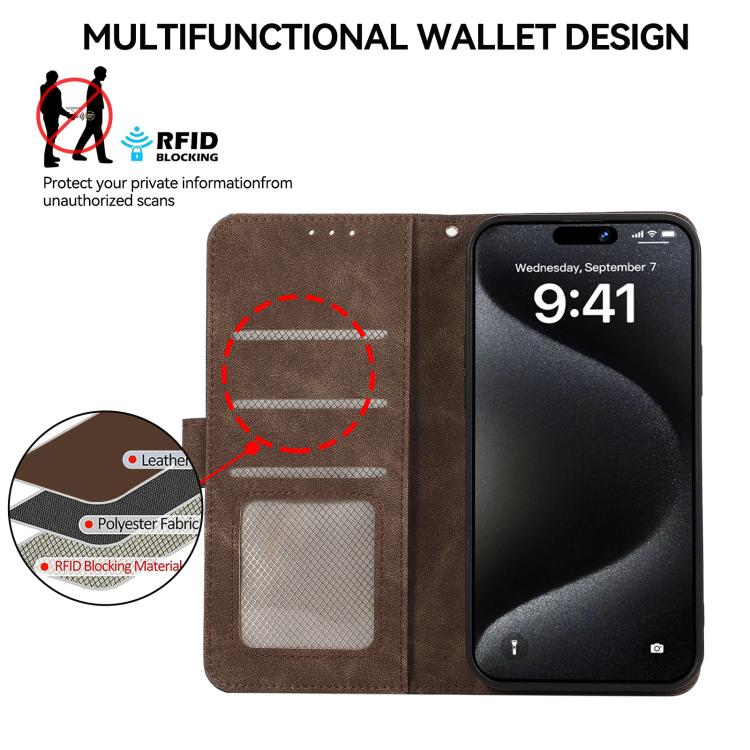 For iPhone 16e ABEEL Color Block Magnetic RFID Leather Phone Case(Brown-Blue) - iPhone 16e Cases by PMC TechLife | Online Shopping South Africa | PMC TechLife | Buy Now Pay Later Mobicred