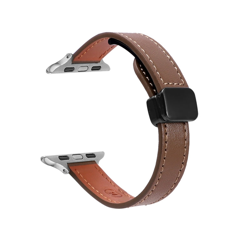 For Apple Watch SE 2023 44mm Slim Magnetic Buckle Genuine Leather Watch Band(Plain Coffee) - Watch Bands by PMC Jewellery | Online Shopping South Africa | PMC Jewellery