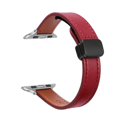 For Apple Watch Series 9 41mm Slim Magnetic Buckle Genuine Leather Watch Band(Plain Wine Red) - Watch Bands by PMC Jewellery | Online Shopping South Africa | PMC Jewellery