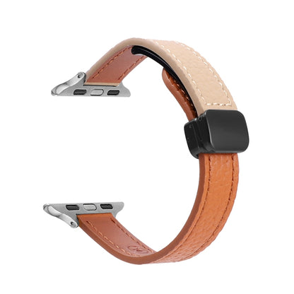 For Apple Watch Series 3 38mm Slim Magnetic Buckle Genuine Leather Watch Band(Litchi Orange Apricot) - Watch Bands by PMC Jewellery | Online Shopping South Africa | PMC Jewellery