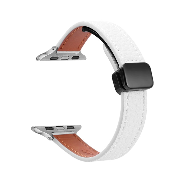 For Apple Watch Series 3 42mm Slim Magnetic Buckle Genuine Leather Watch Band(Litchi Beige) - Watch Bands by PMC Jewellery | Online Shopping South Africa | PMC Jewellery