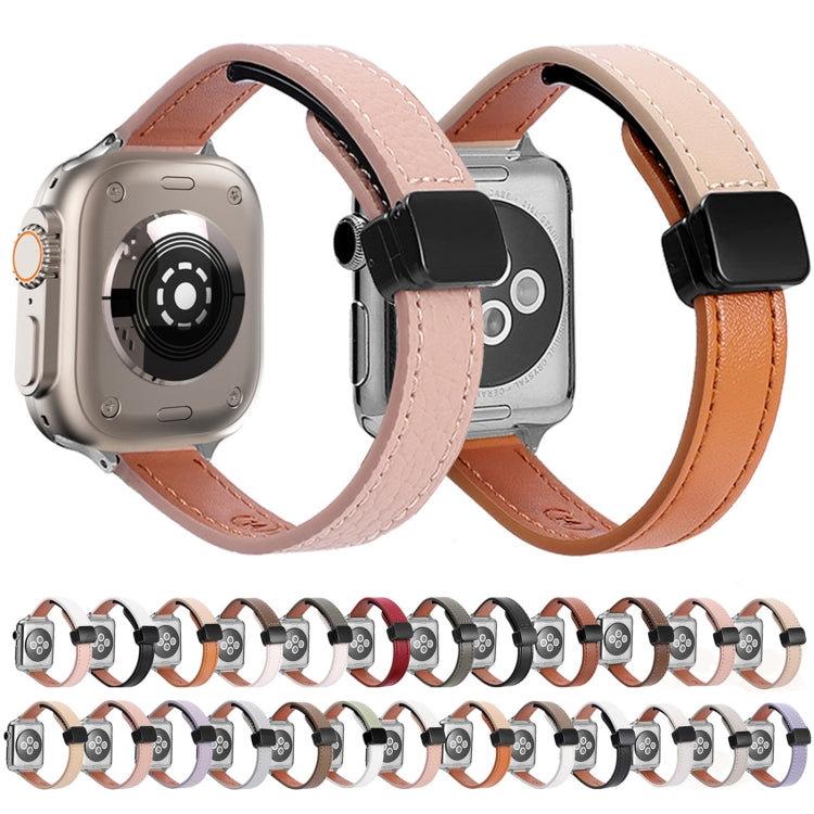 For Apple Watch Series 8 45mm Slim Magnetic Buckle Genuine Leather Watch Band(Litchi Pink) - Watch Bands by PMC Jewellery | Online Shopping South Africa | PMC Jewellery