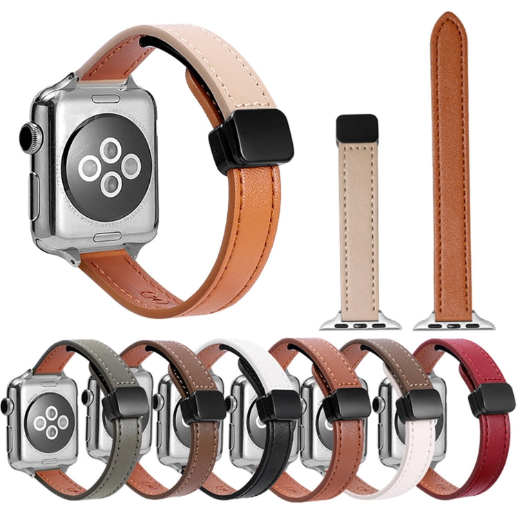 For Apple Watch Series 8 45mm Slim Magnetic Buckle Genuine Leather Watch Band(Litchi Lavender) - Watch Bands by PMC Jewellery | Online Shopping South Africa | PMC Jewellery