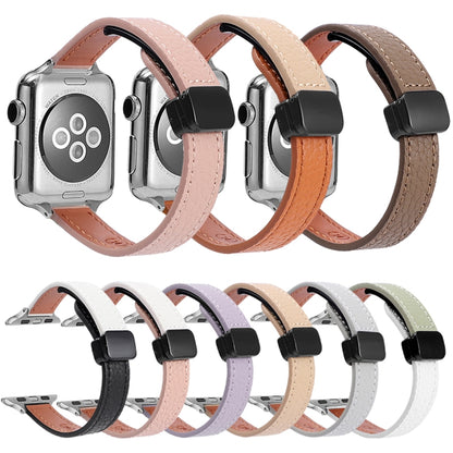 For Apple Watch SE 2023 40mm Slim Magnetic Buckle Genuine Leather Watch Band(Litchi Pink) - Watch Bands by PMC Jewellery | Online Shopping South Africa | PMC Jewellery