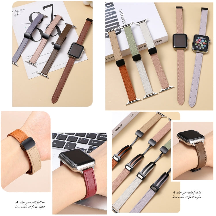 For Apple Watch Series 7 45mm Slim Magnetic Buckle Genuine Leather Watch Band(Litchi Pink Beige) - Watch Bands by PMC Jewellery | Online Shopping South Africa | PMC Jewellery