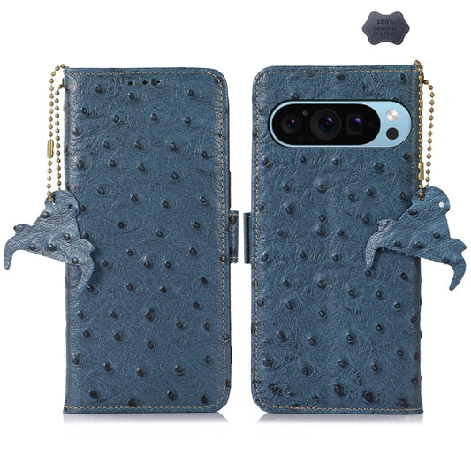 For Google Pixel 9 Ostrich Pattern Genuine Leather RFID Phone Case(Blue) - Google Cases by PMC Jewellery | Online Shopping South Africa | PMC Jewellery | Buy Now Pay Later Mobicred