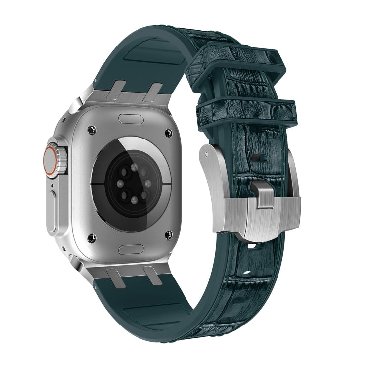 For Apple Watch Series 9 41mm Crocodile Texture Liquid Silicone Watch Band(Silver Deep Green) - Watch Bands by PMC TechLife | Online Shopping South Africa | PMC TechLife