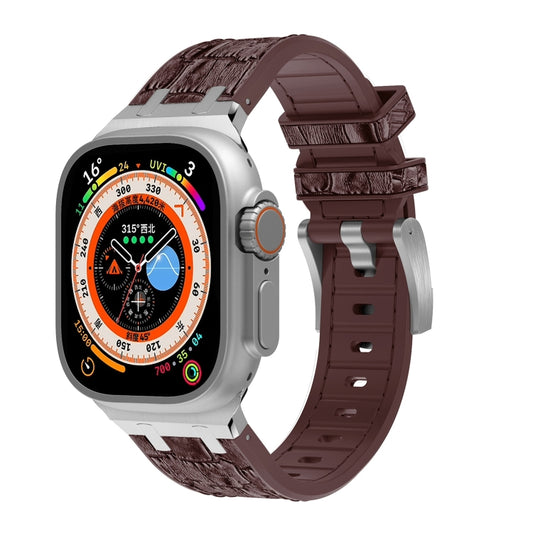 For Apple Watch Ultra 49mm Crocodile Texture Liquid Silicone Watch Band(Silver Dark Brown) - Watch Bands by PMC Jewellery | Online Shopping South Africa | PMC Jewellery