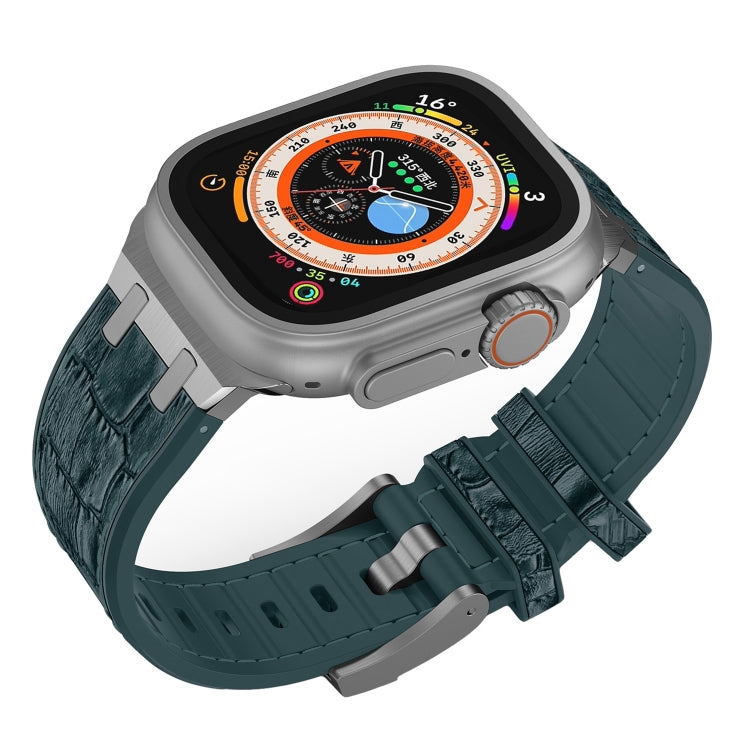 For Apple Watch Series 8 45mm Crocodile Texture Liquid Silicone Watch Band(Silver Deep Green) - Watch Bands by PMC Jewellery | Online Shopping South Africa | PMC Jewellery