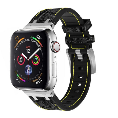 For Apple Watch SE 44mm Crocodile Texture Liquid Silicone Watch Band(Silver Yellow Black) - Watch Bands by PMC Jewellery | Online Shopping South Africa | PMC Jewellery