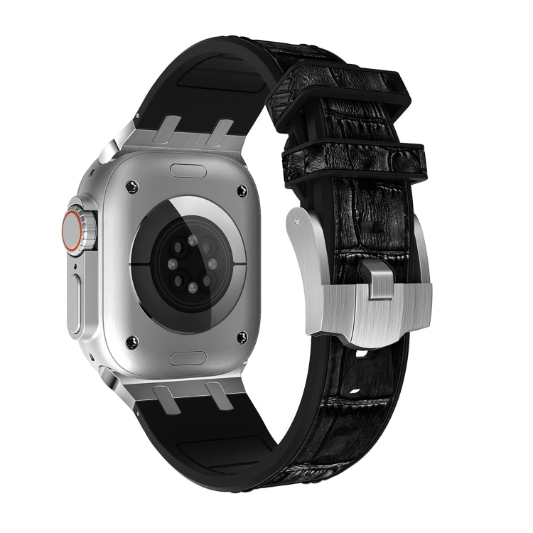 For Apple Watch 42mm Crocodile Texture Liquid Silicone Watch Band(Silver Black) - Watch Bands by PMC TechLife | Online Shopping South Africa | PMC TechLife