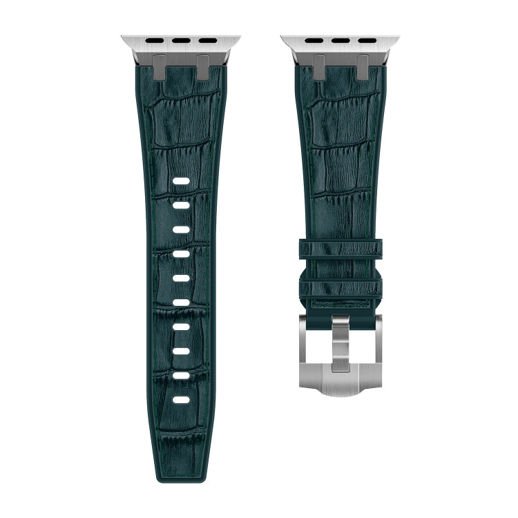 For Apple Watch 38mm Crocodile Texture Liquid Silicone Watch Band(Silver Deep Green) - Watch Bands by PMC TechLife | Online Shopping South Africa | PMC TechLife
