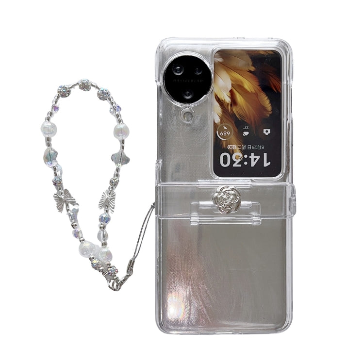 For OPPO Find N3 Flip Skin Feel PC Feather Gauze Glitter Paper Camellia Phone Case with Bracelet(Transparent) - Find N3 Flip Cases by PMC Jewellery | Online Shopping South Africa | PMC Jewellery | Buy Now Pay Later Mobicred