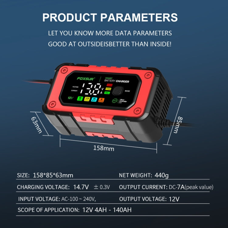 FOXSUR 7A 12V Car / Motorcycle Smart Battery Charger, Plug Type:EU Plug(Red) - Battery Charger by FOXSUR | Online Shopping South Africa | PMC TechLife | Buy Now Pay Later Mobicred