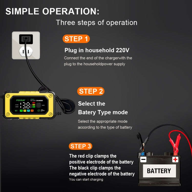 FOXSUR 7A 12V Car / Motorcycle Smart Battery Charger, Plug Type:EU Plug(Yellow) - Battery Charger by FOXSUR | Online Shopping South Africa | PMC Jewellery | Buy Now Pay Later Mobicred