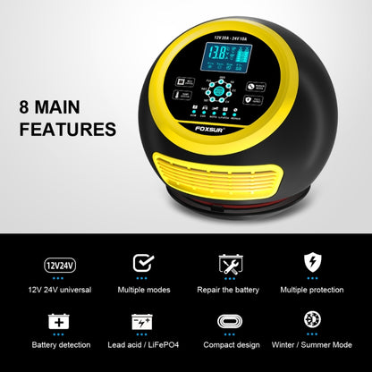 FOXSUR 20A 12V 24V Car / Motorcycle Smart Battery Charger, Plug Type:EU Plug(Yellow) - Battery Charger by FOXSUR | Online Shopping South Africa | PMC Jewellery | Buy Now Pay Later Mobicred