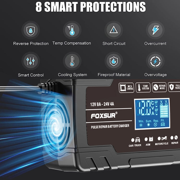FOXSUR 8A 12V 24V Car / Motorcycle Smart Battery Charger, Plug Type:EU Plug(Black) - Battery Charger by FOXSUR | Online Shopping South Africa | PMC TechLife | Buy Now Pay Later Mobicred