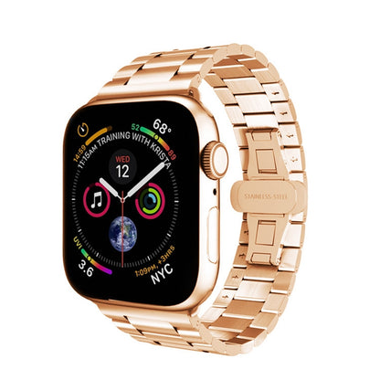 For Apple Watch Series 3 42mm Three-bead Butterfly Buckle Metal Watch Band(Rose Gold) - Watch Bands by PMC Jewellery | Online Shopping South Africa | PMC Jewellery