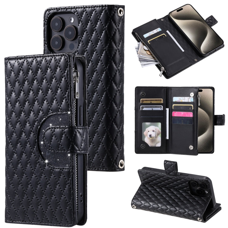 For iPhone 16 Pro Glitter Lattice Zipper Wallet Leather Phone Case(Black) - iPhone 16 Pro Cases by PMC Jewellery | Online Shopping South Africa | PMC Jewellery | Buy Now Pay Later Mobicred