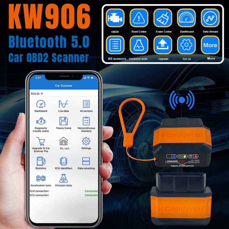 KONNWEI KW906 Bluetooth 5.0 Car OBD2 Scanner Support Android & iOS(Black) - Code Readers & Scan Tools by KONNWEI | Online Shopping South Africa | PMC Jewellery | Buy Now Pay Later Mobicred