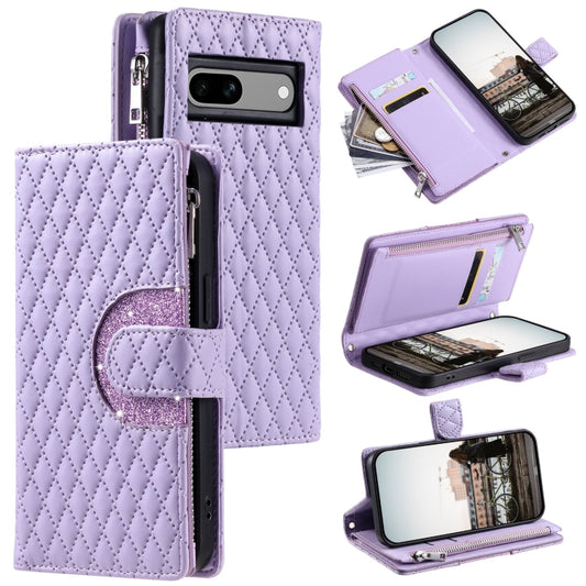 For Google Pixel 7a Glitter Lattice Zipper Wallet Leather Phone Case(Purple) - Google Cases by PMC Jewellery | Online Shopping South Africa | PMC Jewellery | Buy Now Pay Later Mobicred