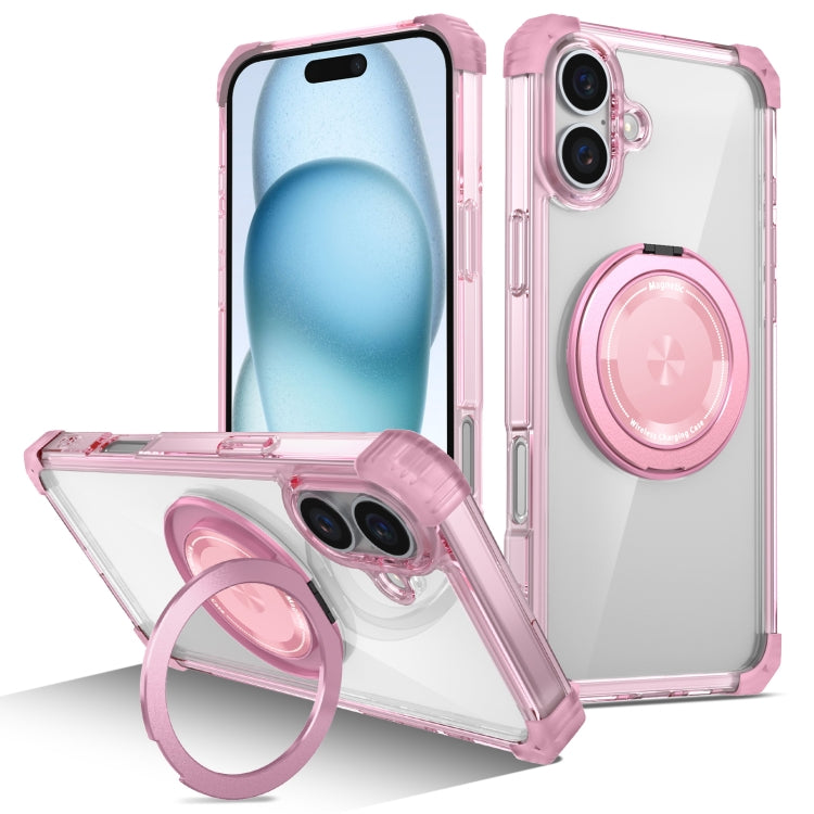 For iPhone 16 Gold Shield CD Pattern MagSafe Magnetic Phone Case with Rotating Stand(Transparent Pink) - iPhone 16 Cases by PMC TechLife | Online Shopping South Africa | PMC TechLife | Buy Now Pay Later Mobicred