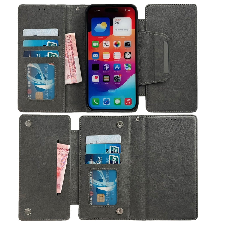 For iPhone 16 Pro Multifunctional 7-Cards Wallet Leather Phone Case(Grey) - iPhone 16 Pro Cases by PMC Jewellery | Online Shopping South Africa | PMC Jewellery | Buy Now Pay Later Mobicred