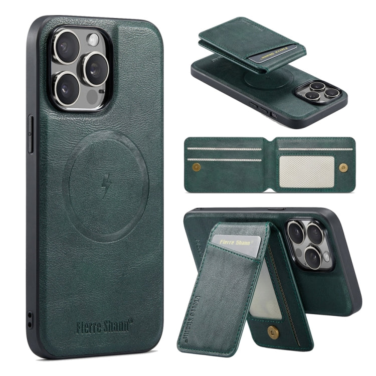 For iPhone 15 Pro Max Fierre Shann Oil Wax Cow Leather Magnetic Card Holder Phone Case(Green) - iPhone 15 Pro Max Cases by FIERRE SHANN | Online Shopping South Africa | PMC Jewellery | Buy Now Pay Later Mobicred