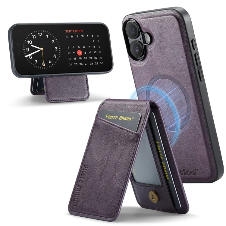 For iPhone 16 Fierre Shann Oil Wax Cow Leather Magnetic Card Holder Phone Case(Purple) - iPhone 16 Cases by FIERRE SHANN | Online Shopping South Africa | PMC Jewellery | Buy Now Pay Later Mobicred