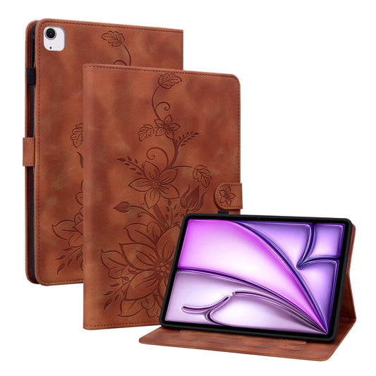 For iPad Air 13 2024 Lily Embossed Leather Smart Tablet Case(Brown) - iPad Air 13 2024 Cases by PMC Jewellery | Online Shopping South Africa | PMC Jewellery | Buy Now Pay Later Mobicred