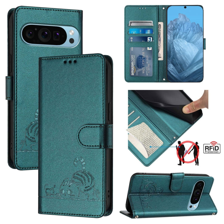 For Google Pixel 9 / 9 Pro Cat Rat Embossed Pattern RFID Leather Phone Case with Lanyard(Peacock Green) - Google Cases by PMC Jewellery | Online Shopping South Africa | PMC Jewellery | Buy Now Pay Later Mobicred