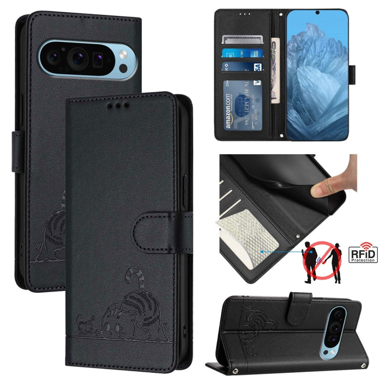 For Google Pixel 9 Pro XL Cat Rat Embossed Pattern RFID Leather Phone Case with Lanyard(Black) - Google Cases by PMC Jewellery | Online Shopping South Africa | PMC Jewellery | Buy Now Pay Later Mobicred