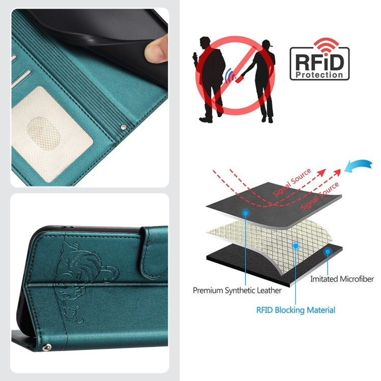 For Google Pixel 9 Pro XL Cat Rat Embossed Pattern RFID Leather Phone Case with Lanyard(Peacock Green) - Google Cases by PMC TechLife | Online Shopping South Africa | PMC TechLife | Buy Now Pay Later Mobicred