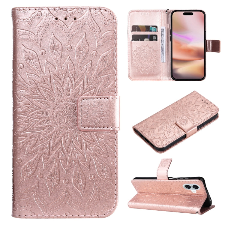 For iPhone 16 Plus Embossed Sunflower Pattern Flip Leather Phone Case(Rose Gold) - iPhone 16 Plus Cases by PMC Jewellery | Online Shopping South Africa | PMC Jewellery | Buy Now Pay Later Mobicred